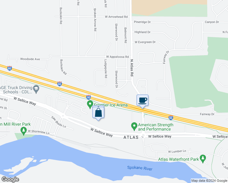 map of restaurants, bars, coffee shops, grocery stores, and more near 3009 Sherwood Drive in Coeur d'Alene