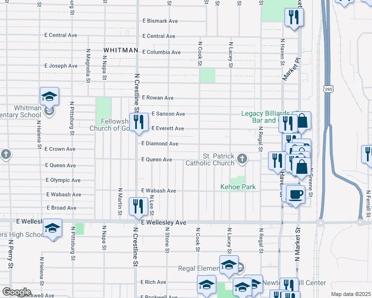 map of restaurants, bars, coffee shops, grocery stores, and more near 2327 East Queen Avenue in Spokane