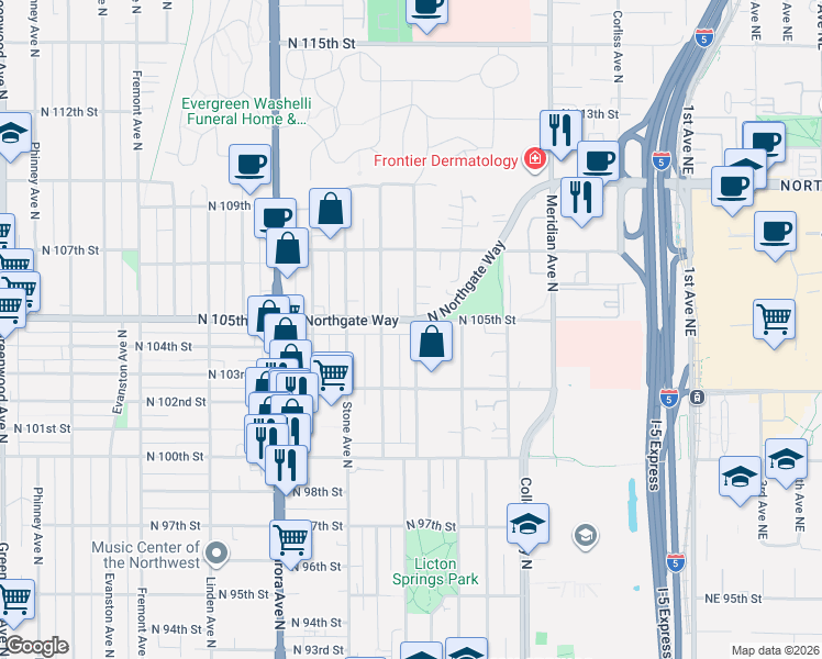 map of restaurants, bars, coffee shops, grocery stores, and more near 10341 Ashworth Avenue North in Seattle