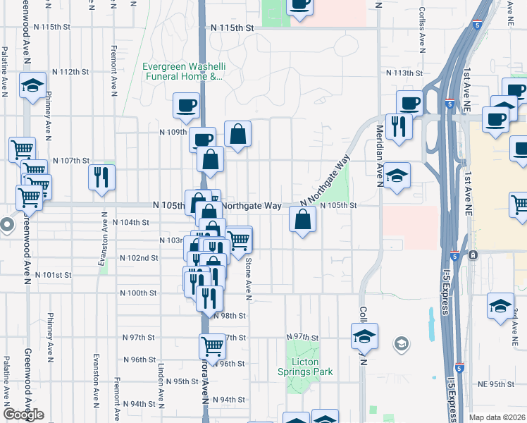 map of restaurants, bars, coffee shops, grocery stores, and more near 10342 Stone Avenue North in Seattle