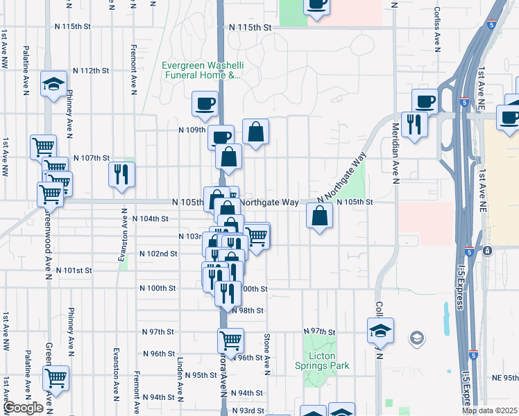 map of restaurants, bars, coffee shops, grocery stores, and more near 10342 Midvale Avenue North in Seattle
