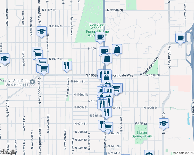 map of restaurants, bars, coffee shops, grocery stores, and more near 930 North 104th Street in Seattle