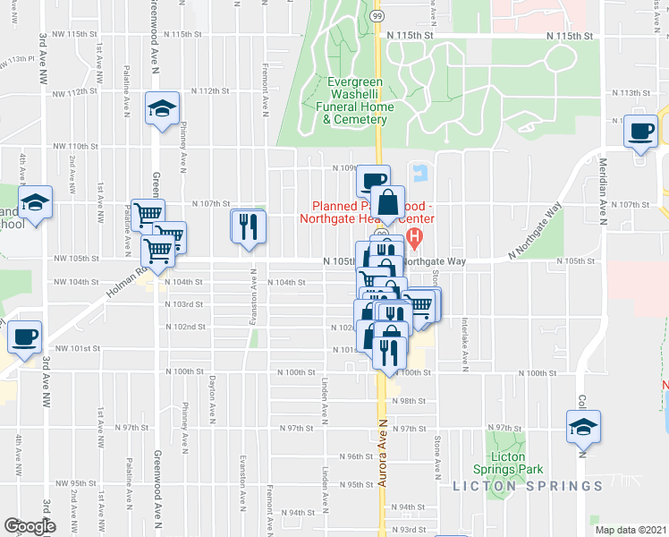 map of restaurants, bars, coffee shops, grocery stores, and more near 756 North 104th Street in Seattle