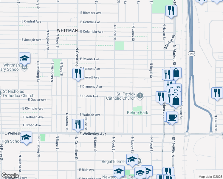 map of restaurants, bars, coffee shops, grocery stores, and more near 5103 North Cook Street in Spokane