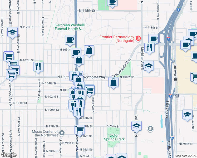 map of restaurants, bars, coffee shops, grocery stores, and more near 1319 North Northgate Way in Seattle