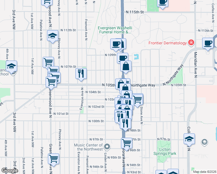 map of restaurants, bars, coffee shops, grocery stores, and more near 756 North 104th Street in Seattle