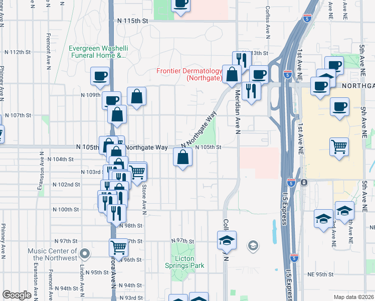 map of restaurants, bars, coffee shops, grocery stores, and more near 1621 North 105th Street in Seattle