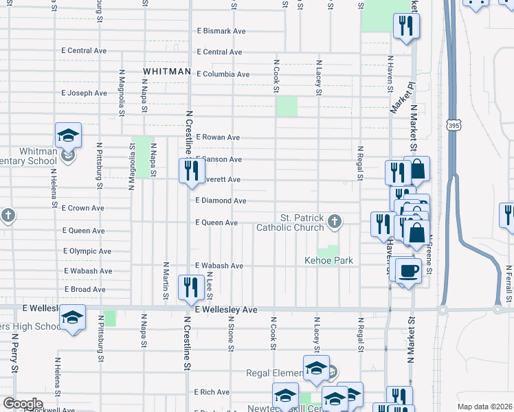 map of restaurants, bars, coffee shops, grocery stores, and more near 2327 East Queen Avenue in Spokane