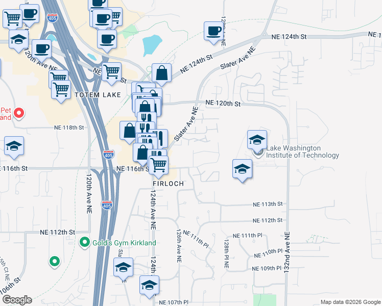 map of restaurants, bars, coffee shops, grocery stores, and more near 11623 127th Lane Northeast in Kirkland