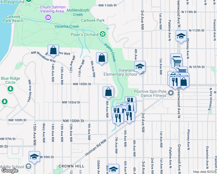map of restaurants, bars, coffee shops, grocery stores, and more near 10407 Alderbrook Place Northwest in Seattle