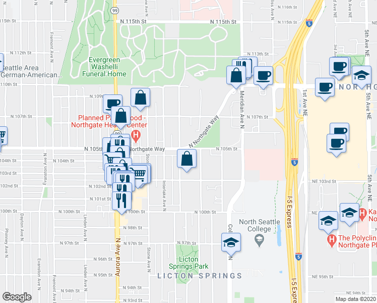 map of restaurants, bars, coffee shops, grocery stores, and more near 1617 North 105th Street in Seattle