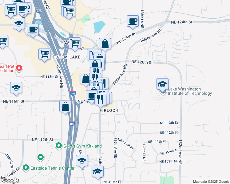 map of restaurants, bars, coffee shops, grocery stores, and more near 11626 Slater Avenue Northeast in Kirkland