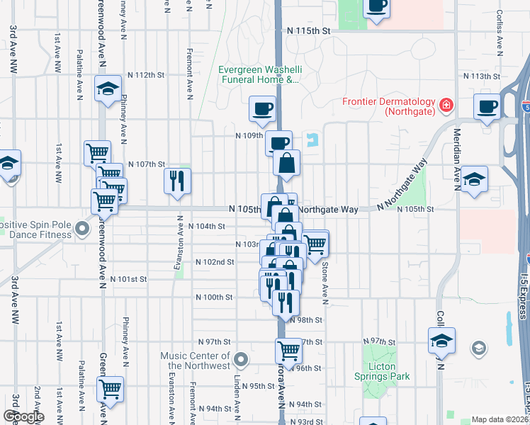 map of restaurants, bars, coffee shops, grocery stores, and more near 939 North 105th Street in Seattle