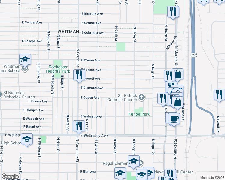 map of restaurants, bars, coffee shops, grocery stores, and more near 5103 North Cook Street in Spokane