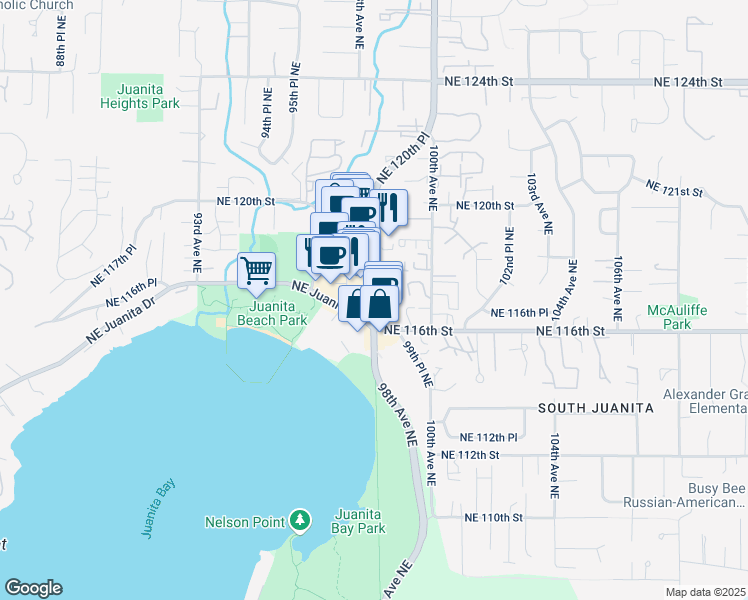 map of restaurants, bars, coffee shops, grocery stores, and more near 11607 98th Avenue Northeast in Kirkland