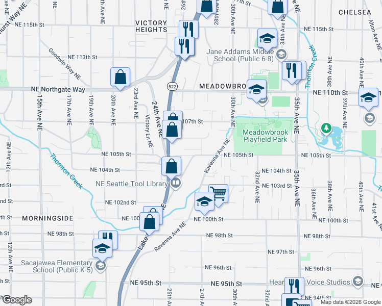 map of restaurants, bars, coffee shops, grocery stores, and more near 10356 Fischer Place Northeast in Seattle