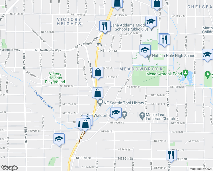 map of restaurants, bars, coffee shops, grocery stores, and more near 10356 Fischer Place Northeast in Seattle