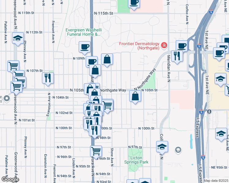 map of restaurants, bars, coffee shops, grocery stores, and more near 10342 Stone Avenue North in Seattle