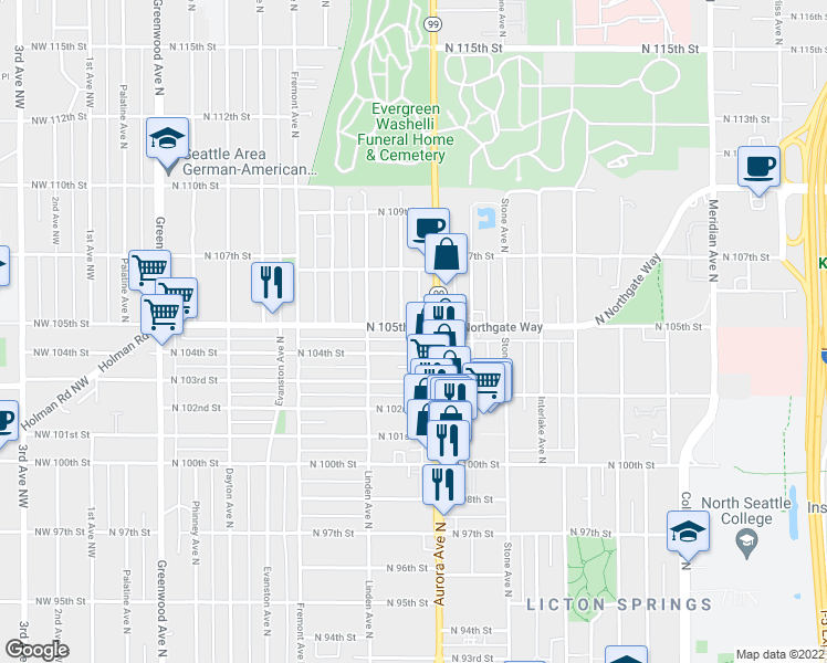 map of restaurants, bars, coffee shops, grocery stores, and more near 930 North 104th Street in Seattle