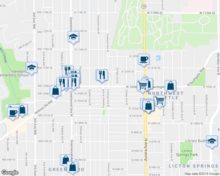 map of restaurants, bars, coffee shops, grocery stores, and more near 550 North 104th Street in Seattle