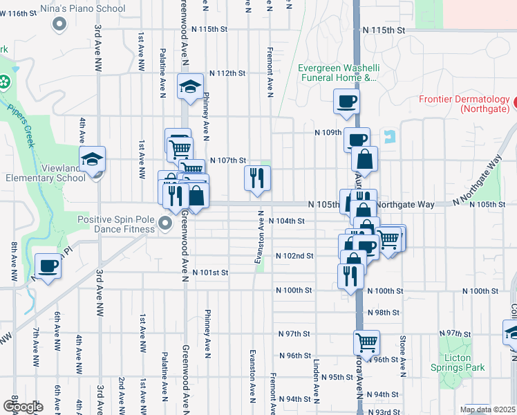 map of restaurants, bars, coffee shops, grocery stores, and more near 550 North 104th Street in Seattle