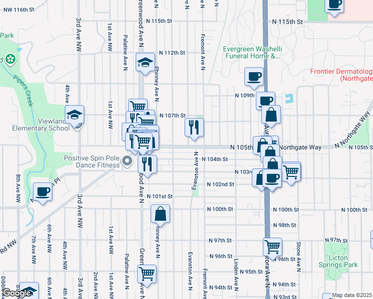 map of restaurants, bars, coffee shops, grocery stores, and more near 512 North 104th Street in Seattle