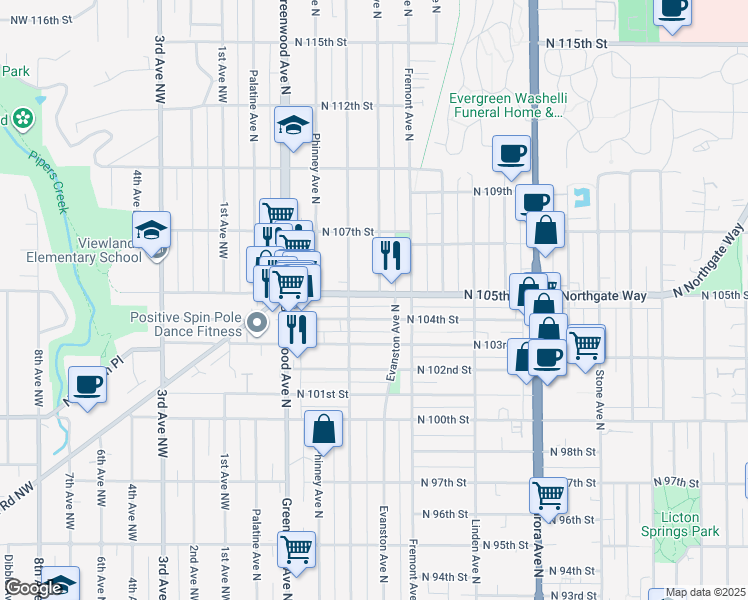 map of restaurants, bars, coffee shops, grocery stores, and more near 512 North 104th Street in Seattle