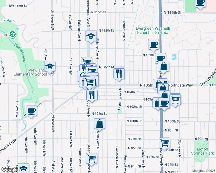 map of restaurants, bars, coffee shops, grocery stores, and more near 512 North 104th Street in Seattle