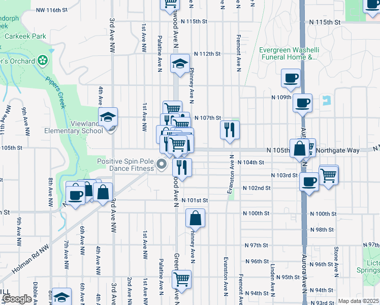 map of restaurants, bars, coffee shops, grocery stores, and more near 10400 Greenwood Avenue North in Seattle