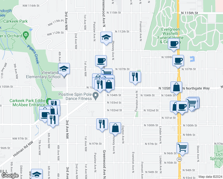 map of restaurants, bars, coffee shops, grocery stores, and more near 10400 Greenwood Avenue North in Seattle