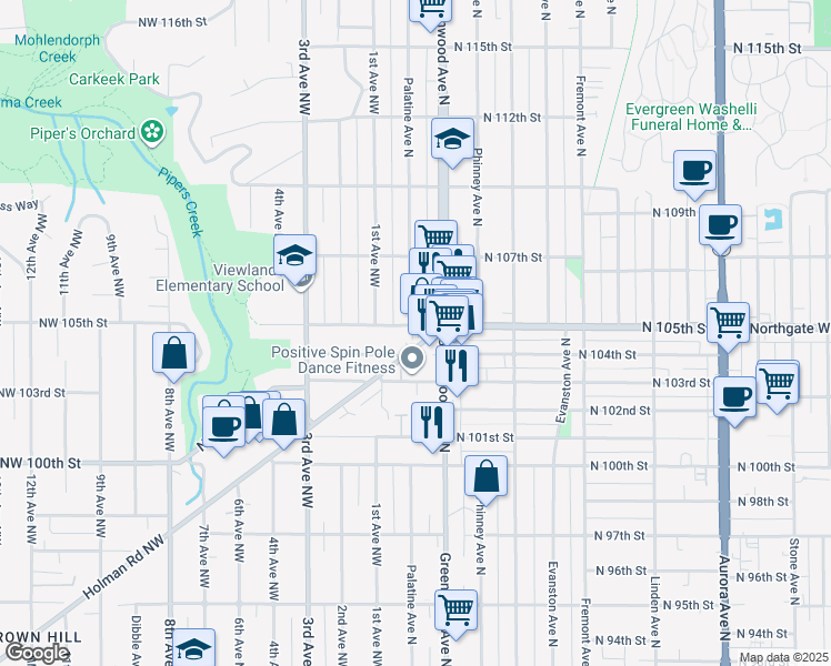map of restaurants, bars, coffee shops, grocery stores, and more near 10439 Holman Road North in Seattle