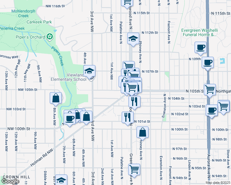 map of restaurants, bars, coffee shops, grocery stores, and more near 100 North 104th Street in Seattle