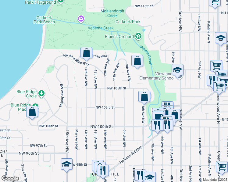 map of restaurants, bars, coffee shops, grocery stores, and more near 10340 11th Avenue Northwest in Seattle