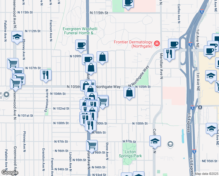 map of restaurants, bars, coffee shops, grocery stores, and more near 1307 North Northgate Way in Seattle