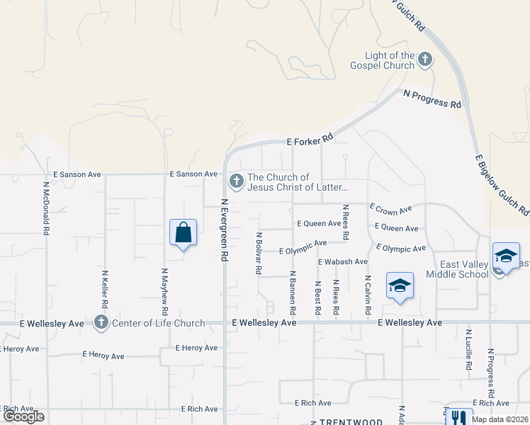 map of restaurants, bars, coffee shops, grocery stores, and more near 5218 North Bolivar Road in Spokane Valley