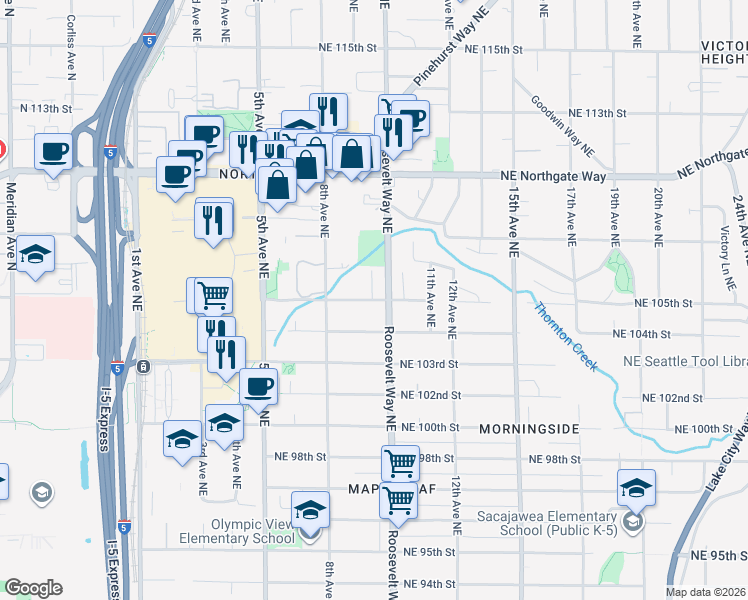 map of restaurants, bars, coffee shops, grocery stores, and more near 909 Northeast 105th Street in Seattle