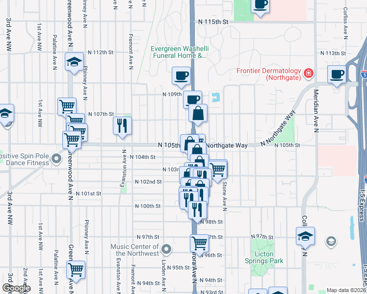 map of restaurants, bars, coffee shops, grocery stores, and more near 930 North 104th Street in Seattle
