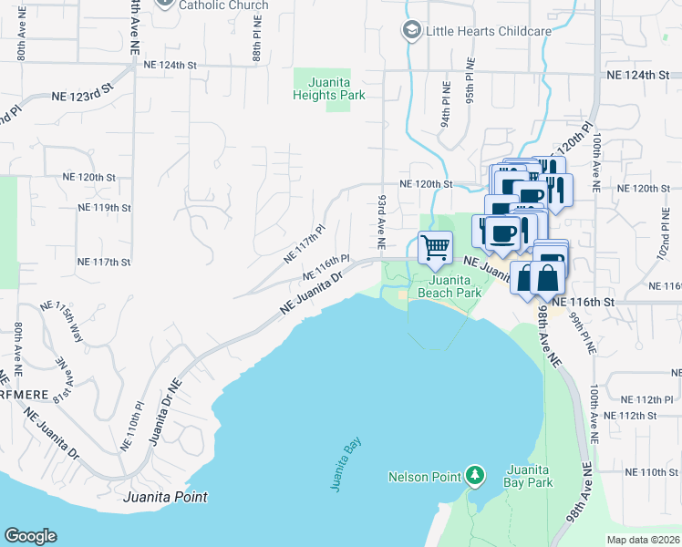 map of restaurants, bars, coffee shops, grocery stores, and more near 9123 Northeast Juanita Drive in Kirkland