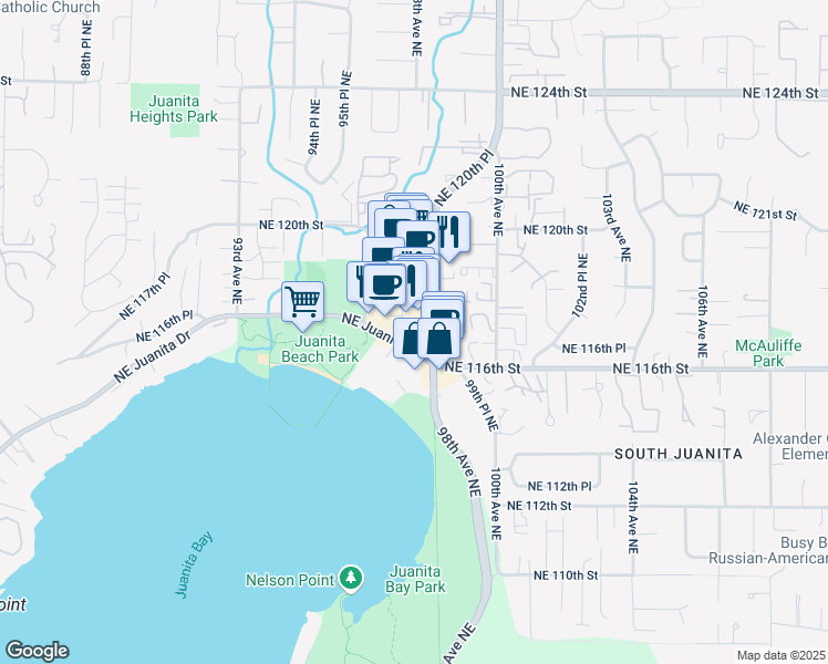map of restaurants, bars, coffee shops, grocery stores, and more near 11607 98th Avenue Northeast in Kirkland