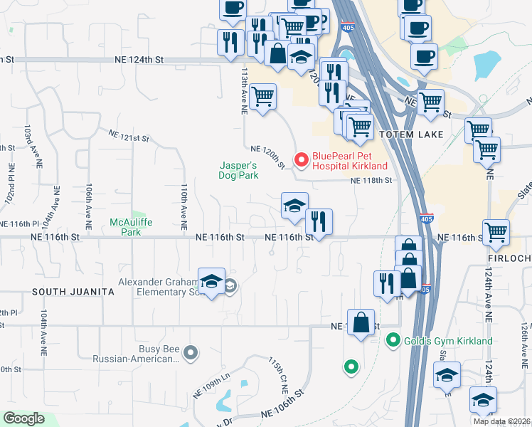 map of restaurants, bars, coffee shops, grocery stores, and more near 11430 Northeast 116th Place in Kirkland