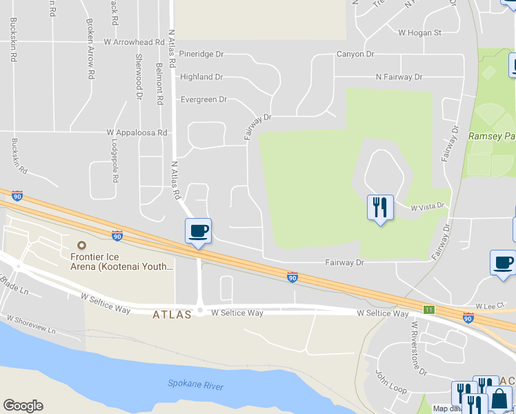 map of restaurants, bars, coffee shops, grocery stores, and more near 2966 West Fairway Drive in Coeur d'Alene