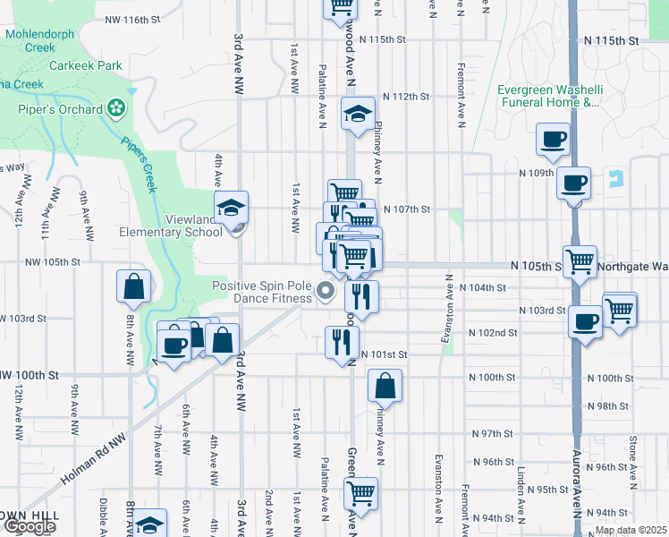 map of restaurants, bars, coffee shops, grocery stores, and more near 10439 Holman Road North in Seattle