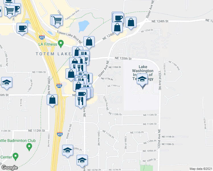 map of restaurants, bars, coffee shops, grocery stores, and more near 11616 127th Lane Northeast in Kirkland