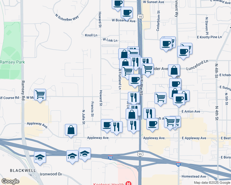 map of restaurants, bars, coffee shops, grocery stores, and more near 3003 North Fruitland Lane in Coeur d'Alene