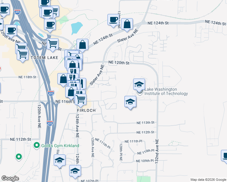 map of restaurants, bars, coffee shops, grocery stores, and more near 12744 Northeast 116th Lane in Kirkland