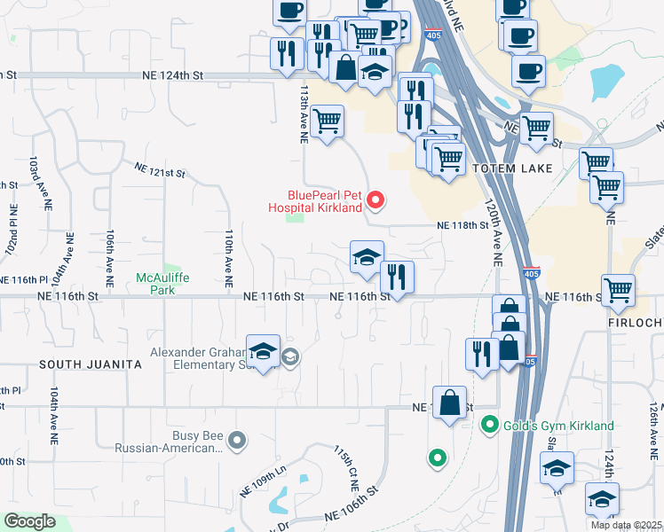 map of restaurants, bars, coffee shops, grocery stores, and more near 11430 Northeast 116th Place in Kirkland