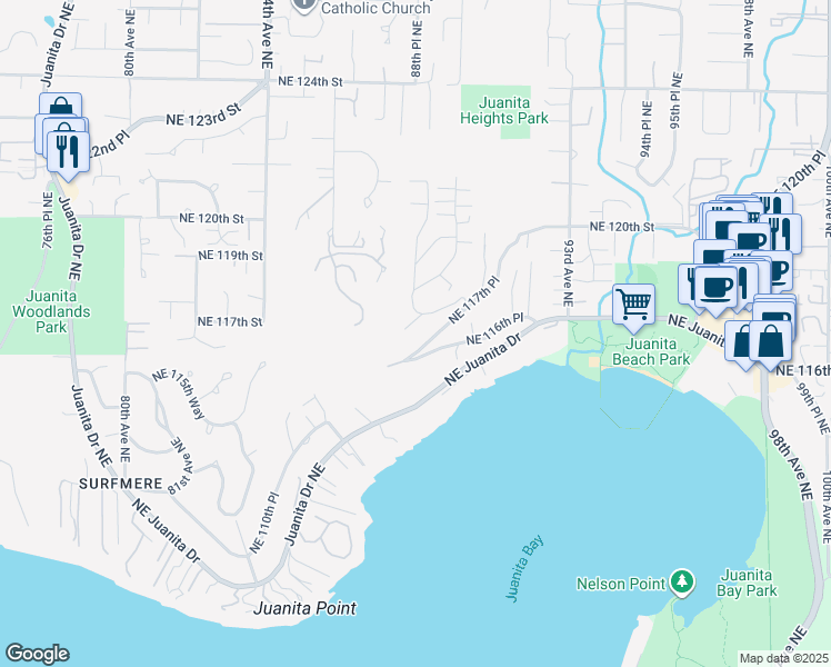 map of restaurants, bars, coffee shops, grocery stores, and more near 8802 Northeast 117th Place in Kirkland