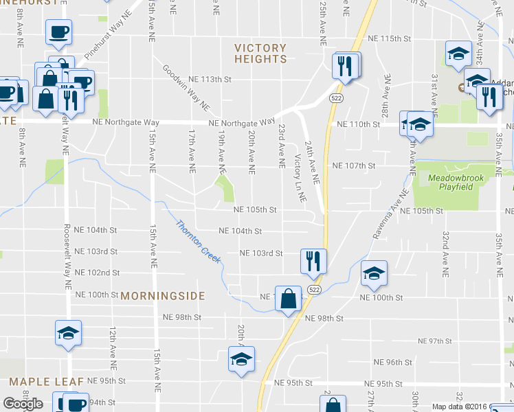 map of restaurants, bars, coffee shops, grocery stores, and more near 2021 Northeast 105th Street in Seattle