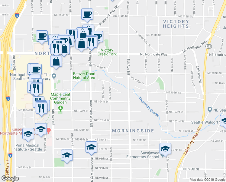 map of restaurants, bars, coffee shops, grocery stores, and more near 1215 Northeast 105th Street in Seattle