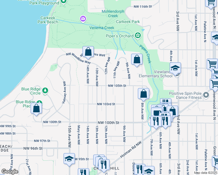 map of restaurants, bars, coffee shops, grocery stores, and more near 10325 12th Avenue Northwest in Seattle